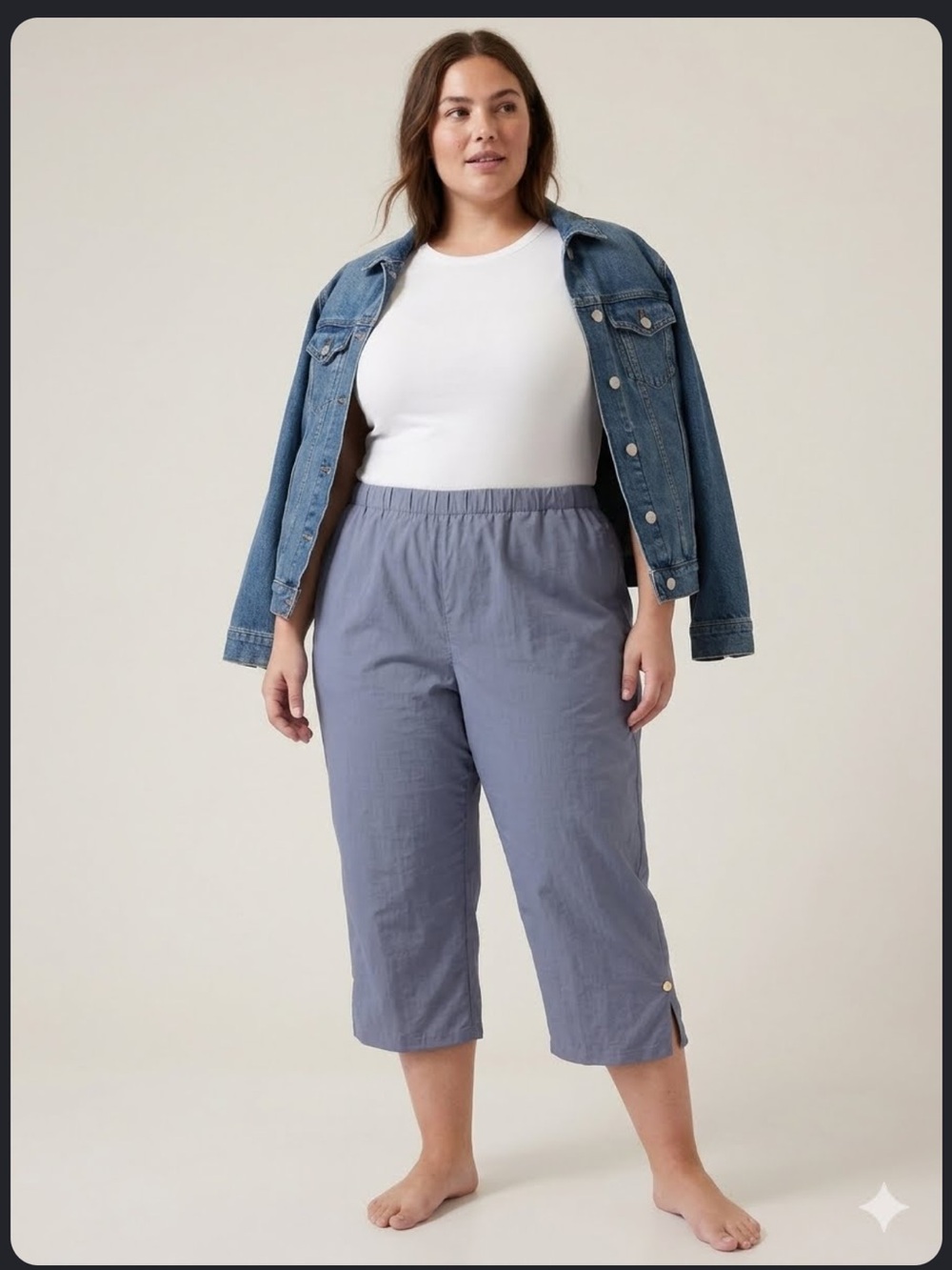 Cropped Blue Capri pants featuring slit side with button elastic waistband 5xl